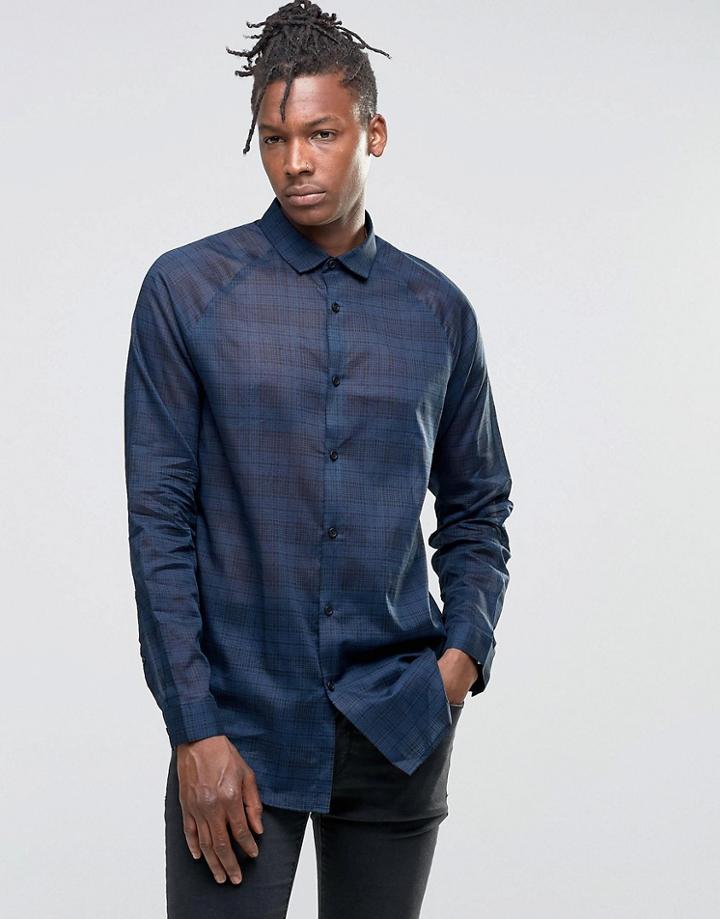 Asos Sheer Shirt In Navy Check With Raglan Sleeves In Longline - Navy