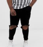 Asos Design Plus Spray On Jeans In Power Stretch Denim In Black With Open Rips