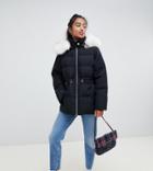 Asos Design Petite Puffer Jacket With Waist Detail And Faux Fur Hood-black