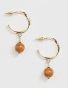 Asos Design Hoop Earrings In Twist Design With Wooden Ball Drop In Gold Tone - Gold