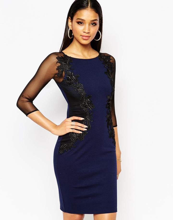 Lipsy Lace Applique Body-conscious Dress With Sheer Sleeve - Navy