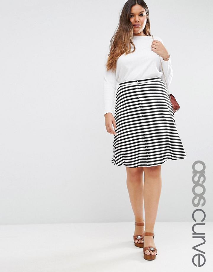 Asos Curve Midi Skater Skirt With Poppers In Stripe - Stripe