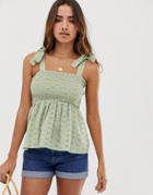 Asos Design Cami Broderie Sun Top With Shirring And Tie Shoulder Detail - Green