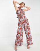 Asos Design Halterneck Cut Out Jumpsuit In Floral Print-multi