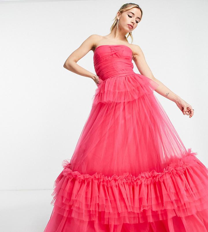 Lace & Beads Exclusive Bandeau Tiered Tulle Maxi Dress In Pink