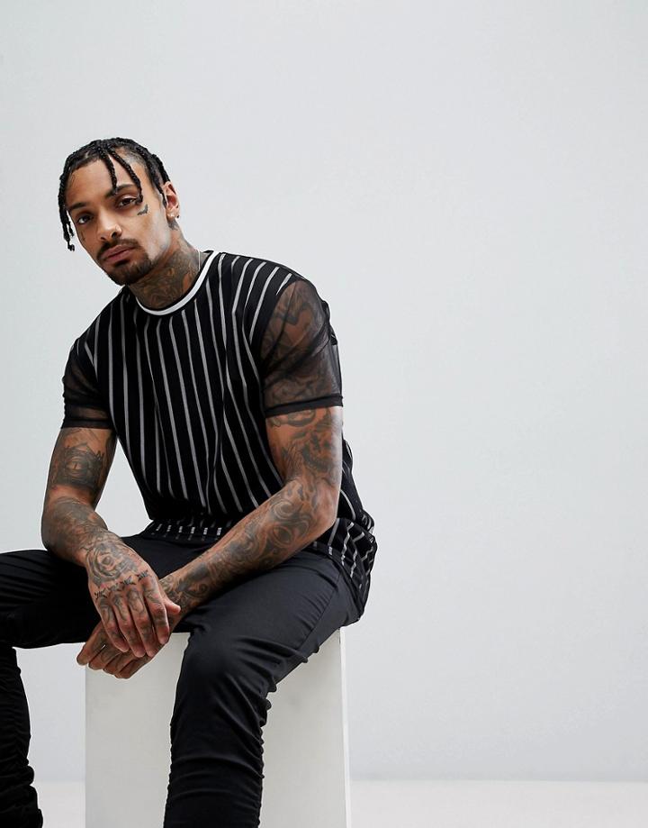 Asos Relaxed Longline Vertical Stripe T-shirt With Mesh Double Layer - Black