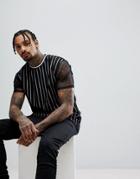 Asos Relaxed Longline Vertical Stripe T-shirt With Mesh Double Layer - Black