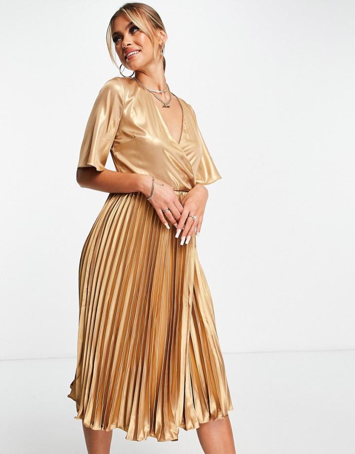 Tfnc Pleated Satin Midi Dress In Gold