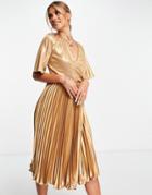 Tfnc Pleated Satin Midi Dress In Gold