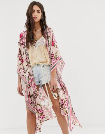 Aratta Burnout Velvet Floral Kimono With Contrast Trim - White