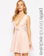 John Zack Petite Lace Prom Dress With Plunge Neck - Pink