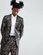 Asos Skinny Suit Jacket With Gold Fish Jacquard - Black