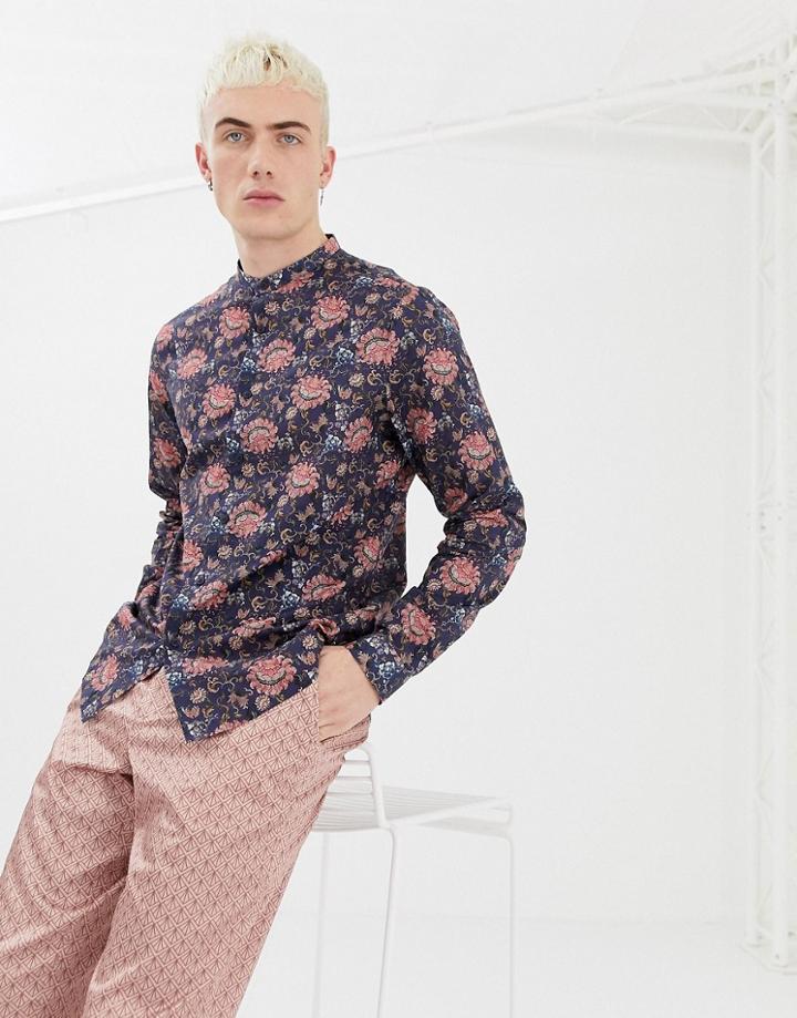 Asos Design Regular Fit Floral Shirt In Blue With Grandad Collar - Blue