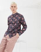 Asos Design Regular Fit Floral Shirt In Blue With Grandad Collar - Blue