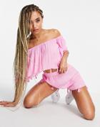 South Beach Bandeau Crinkle With Glitter Stripe Tassel Top And Shorts Set-pink