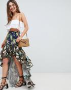 Asos Design Mixed Jungle Print High Low Ruffle Hem Maxi Skirt - Multi