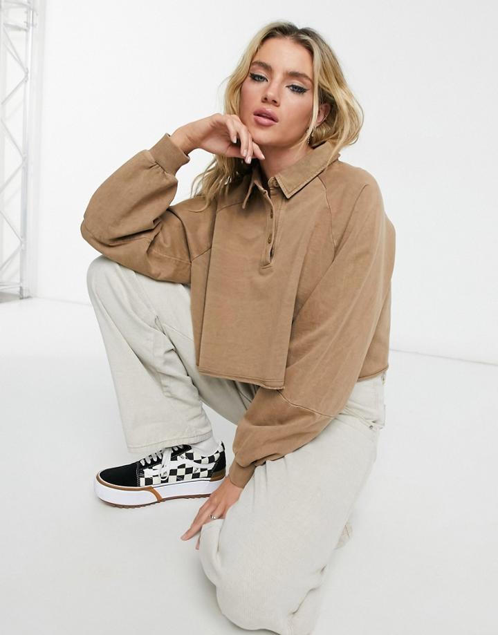 Topshop Coordinating Acid Wash Rugby Top In Camel-brown