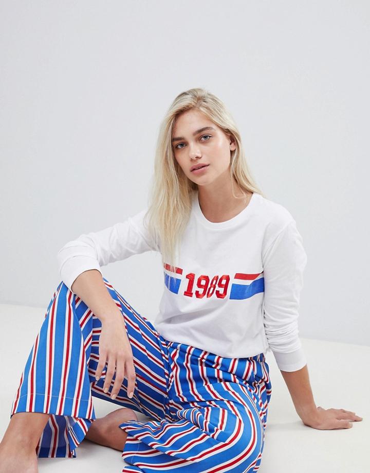 Asos Design 1989 Long Sleeve Tee And Striped Wide Leg Pyjama Set - Multi