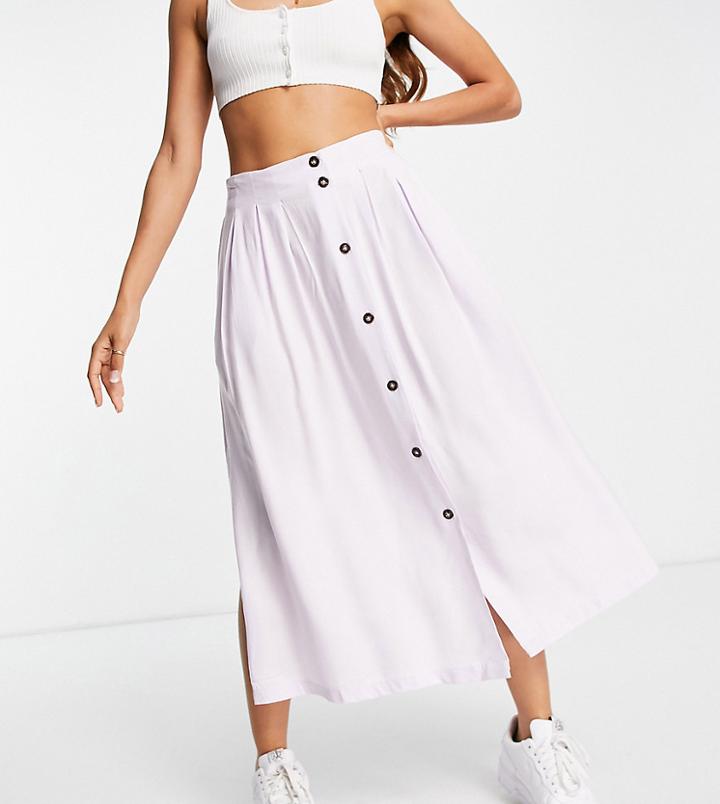 Asos Design Petite Button Through Midi Skirt With Deep Pocket Detail In Lilac-multi
