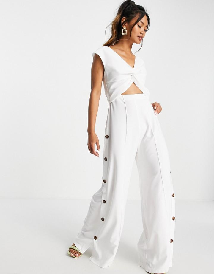 Asos Design Cross Over Button Side Wide Leg Jumpsuit-white