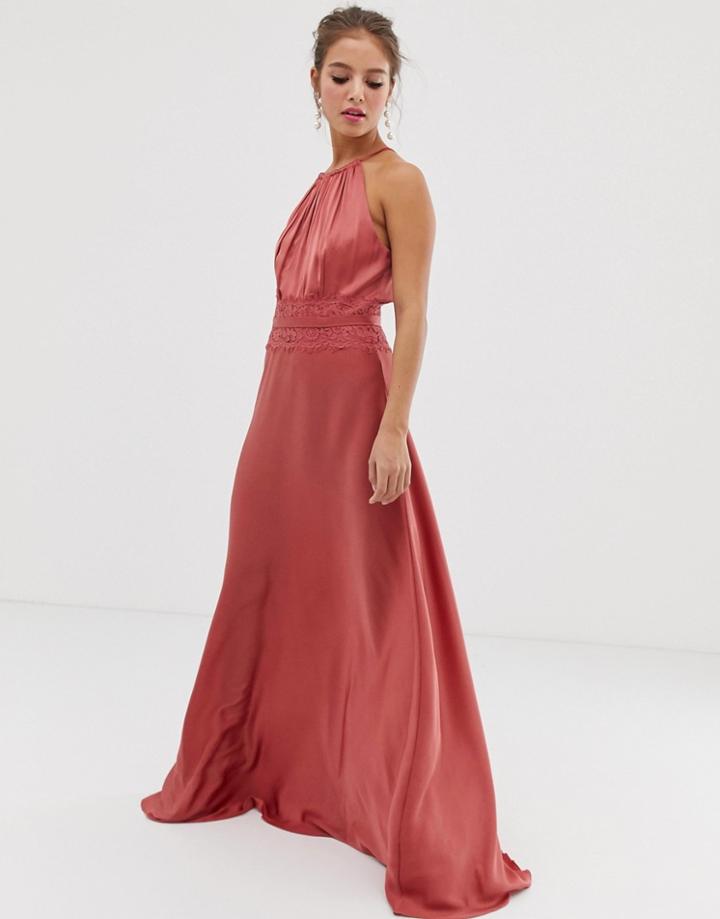 Little Mistress Lace Insert Satin Maxi Dress In Terracotta-red