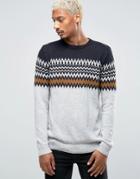 Pull & Bear Fair Isle Sweater In Gray & Navy - Gray
