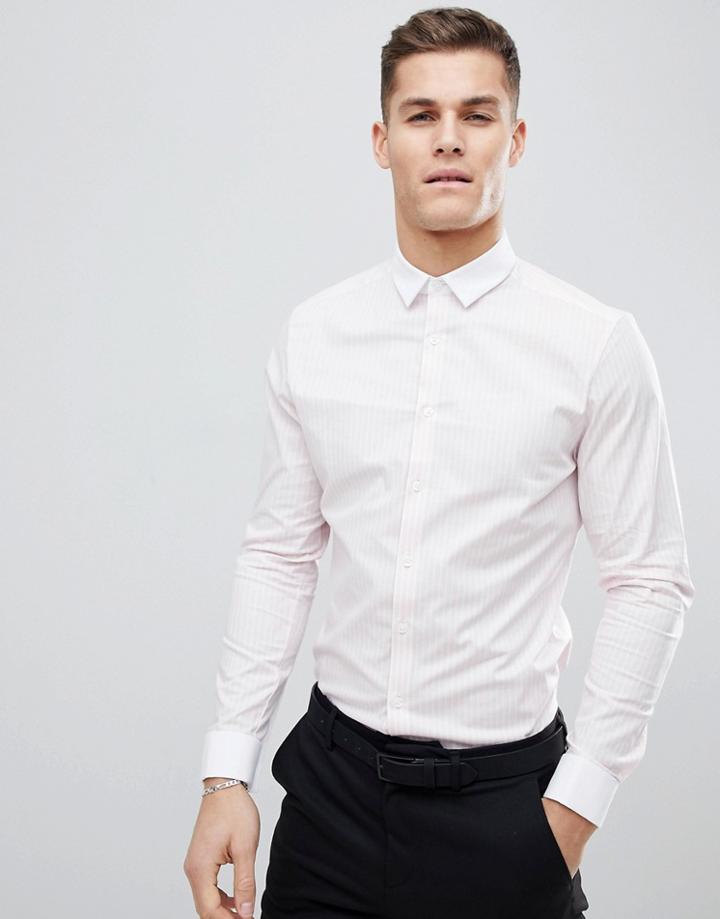 Asos Design Smart Stretch Slim Stripe Shirt With Contrast Collar And Double Cuffs - Pink