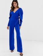 Asos Design Long Sleeve Plunge Wrap Jumpsuit With Ruched Sleeve-blue