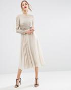 Asos Embellished Tassle Long Sleeve Midi Dress - Beige