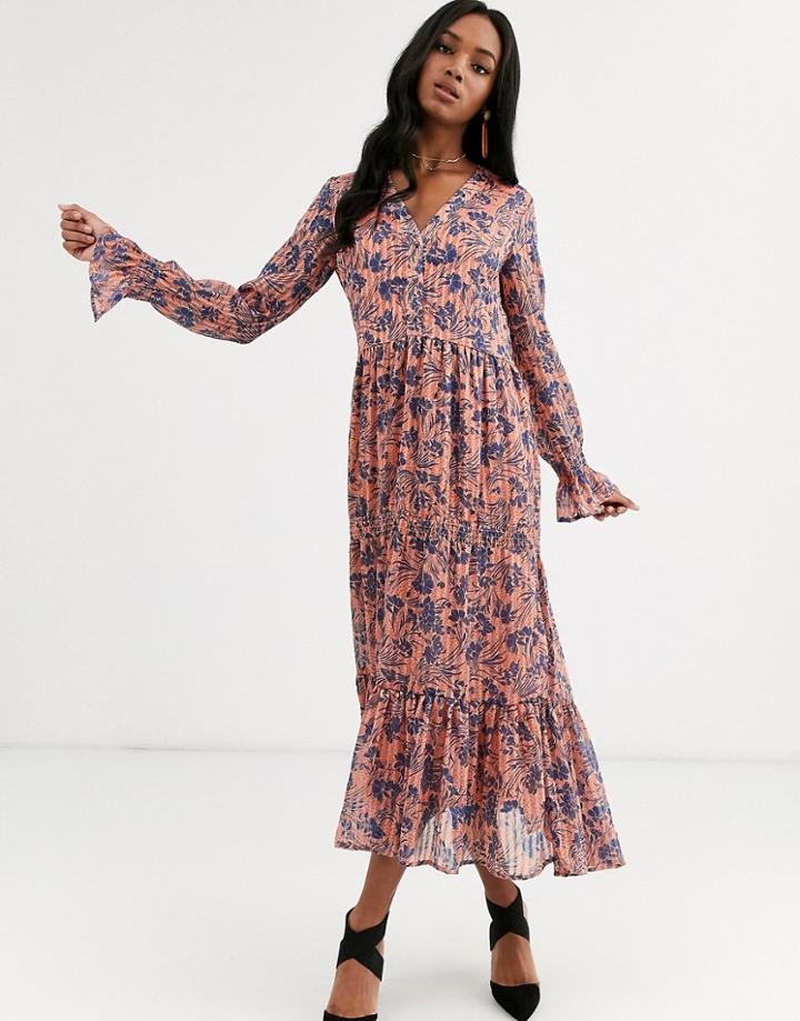 Y.a.s Floral Maxi Dress With Gather Detail-beige