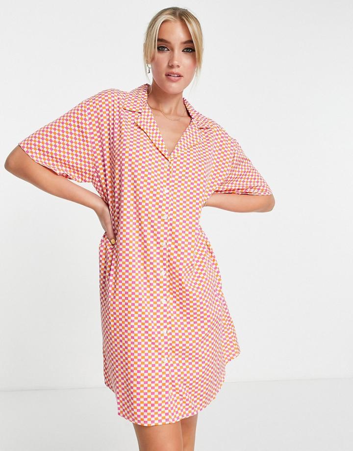 Pieces Exclusive Beach Shirt Dress In Pink Checkerboard-multi