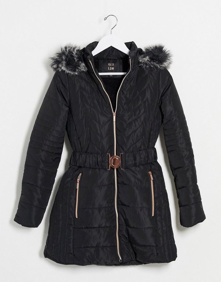 Qed London Quilted Puffer Coat With Belt In Black