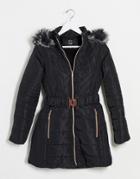 Qed London Quilted Puffer Coat With Belt In Black