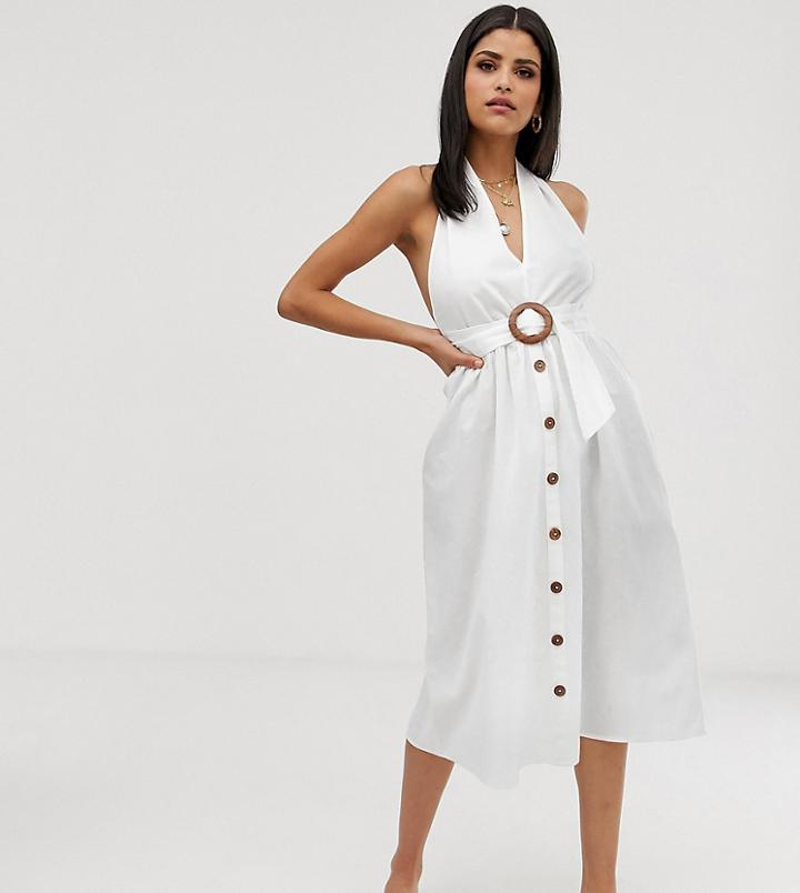 Asos Design Tall Halter Neck Midi Button Through Linen Sundress With Buckle - White