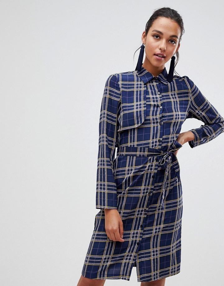 Liquorish Midi Shirt Dress With Tie Waist In Check Print - Navy