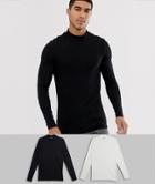 Asos Design Organic Muscle Long Sleeve T-shirt With Turtleneck 2 Pack Multipack Saving - Multi