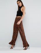 Asos Wide Leg Pleated Plisse Pants In Leopard Print - Multi
