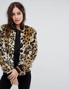 Vila Leopard Print Fur Contrast Jacket - Brown
