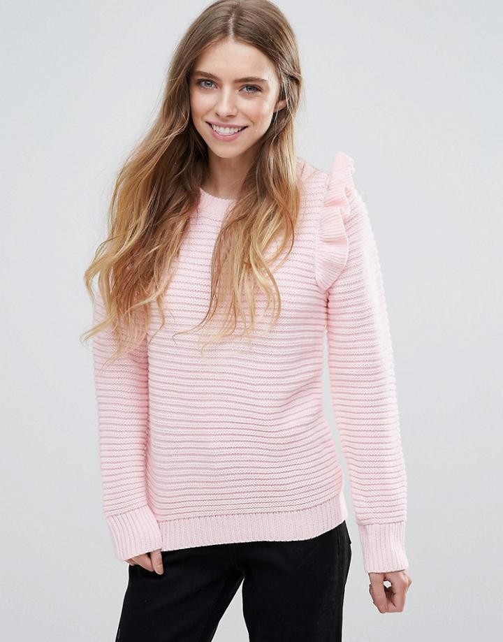 Qed London Ribbed Sweater With Shoulder Ruffle - Pink