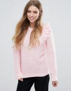 Qed London Ribbed Sweater With Shoulder Ruffle - Pink