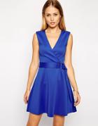 Asos Skater Dress In Scuba With Wrap Front And Belt Detail-blue