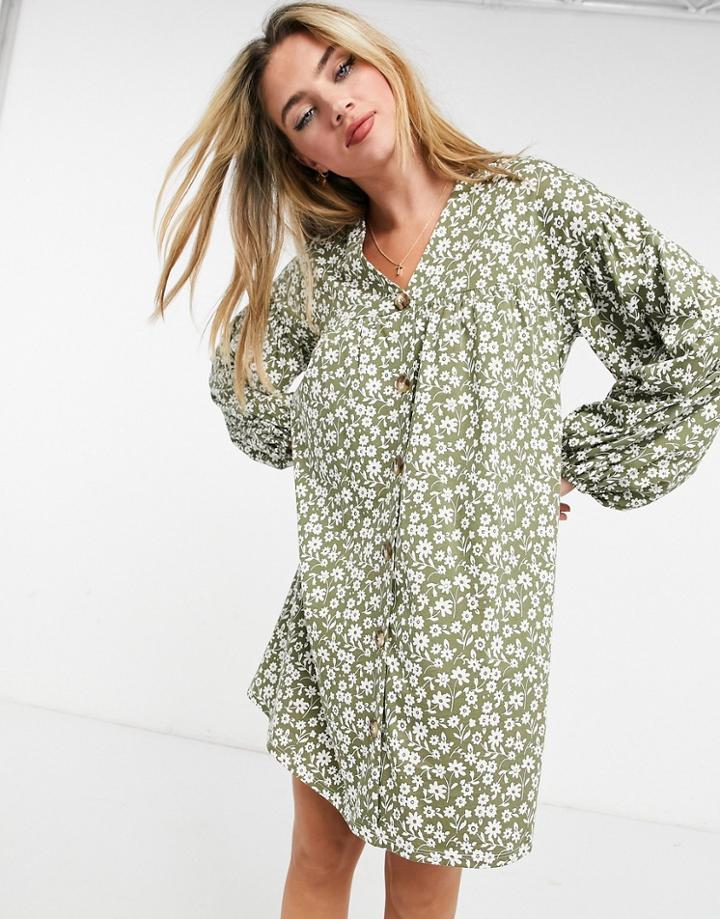 Asos Design Button Up Mini Smock Dress With Long Sleeves In Sage Floral Print-green