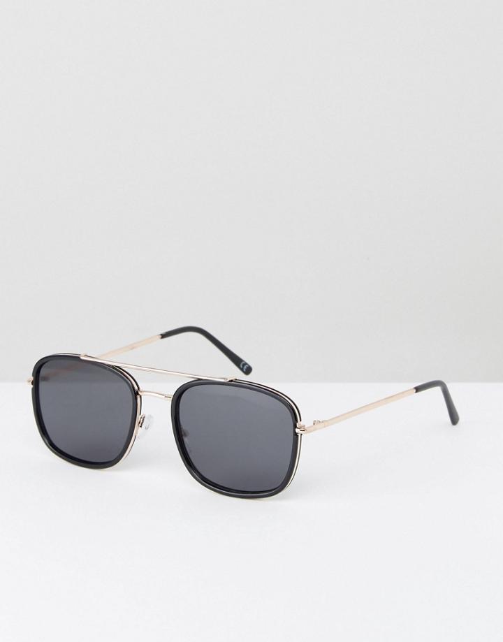 Asos Aviator Sunglasses In Black And Gold With Flat Lens - Black