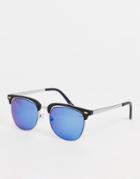 Asos Design Retro Sunglasses In Black And Silver With Blue Lens