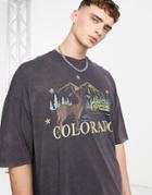 Asos Design Oversized T-shirt In Gray Acid Wash With Colorado Print-grey