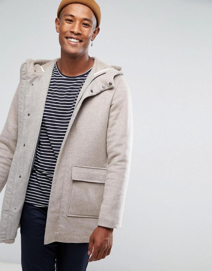 Selected Homme Mix Wool Parka With Padded Lining - Beige