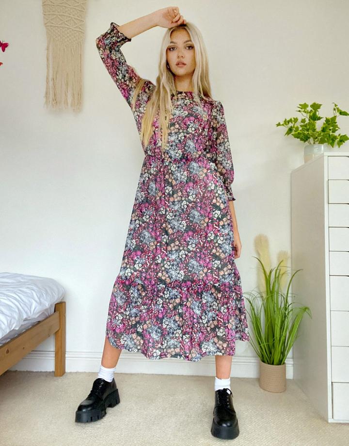 Oasis Mesh Midi Dress In Garden Floral Print-multi