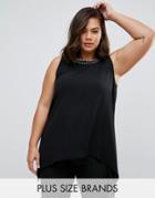 Koko Plus Top With Embellished Neckline And Hanky Hem - Black