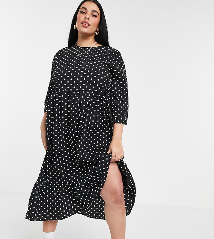 Urban Bliss Plus Tiered Midi Dress In Polka Dots-black