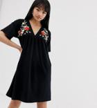 Asos Design Petite Embroidered Ultimate Cotton Smock Dress-black